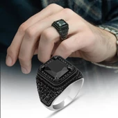 Siyah Zirkon Taşlı Mikro Taş İşlemeli  Gümüş Erkek Yüzük thumbnail 3