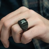 Siyah Zirkon Taşlı Mikro Taş İşlemeli  Gümüş Erkek Yüzük thumbnail 10