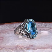 Aqua Mavisi Taşlı Gümüş Erkek Yüzük - 2