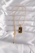 316L Çelik Gold Renk Siyah Mineli Yıldız Figür Tarot Kolye - TJ-BKO9028 - 2