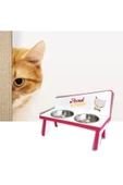 LİVA AHŞAP Kedi Ve Köpek Mama Ve Su Kabı - 2'li Çelik Kaseli-pembe - 4