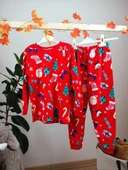 Yılbaşı Temalı Pamuk Unisex Çocuk Bisiklet Yaka Pijama Takımı - 4