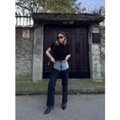 Jeans Kot Parçalı Palazzo Pantolon - Siyah - 4