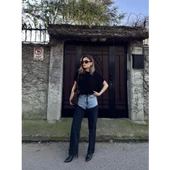 Jeans Kot Parçalı Palazzo Pantolon - Siyah - 3