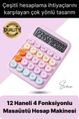 4 Fonksiyonlu Renkli Hesap Makinesi 12 Haneli Yuvarlak Tuşlu Şirin Masaüstü Ofis Kompakt - 1