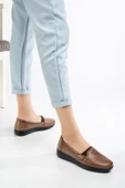 Büyük Numara Hakiki Deri Kadın Günlük Ortopedik Ayakkabı Vizon Düz Model thumbnail 2