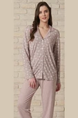 Pijadore Kadın Vizon Önü Düğmeli Viskon Uzun Kollu Pijama Takımı 1726 - 5
