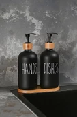 Hands Dishes 2’li Soft Siyah Dekoratif Mutfak Banyo Sıvı Cam Sabunluk Seti 500ml Bambu Stantlı Set - 6