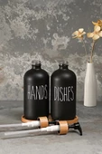 Hands Dishes 2’li Soft Siyah Dekoratif Mutfak Banyo Sıvı Cam Sabunluk Seti 500ml Bambu Stantlı Set - 2