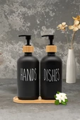 Hands Dishes 2’li Soft Siyah Dekoratif Mutfak Banyo Sıvı Cam Sabunluk Seti 500ml Bambu Stantlı Set - 1