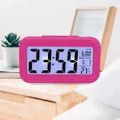 Dijital Termometreli Masa Saati, Lcd Ekran Çalar Saat - Pembe - 2