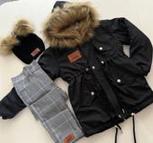 MODAVALS KIZ ÇOCUK TAK ÇIKAR İTHAL KÜRKLÜ KAPİŞONLU BEL AYARLAMALI LASTİKLİ MONT ÇİFT PONPONLU BERE EKOSE PANTOLON 3LU KOMBİN - 8