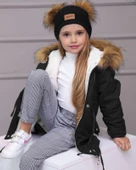 MODAVALS KIZ ÇOCUK TAK ÇIKAR İTHAL KÜRKLÜ KAPİŞONLU BEL AYARLAMALI LASTİKLİ MONT ÇİFT PONPONLU BERE EKOSE PANTOLON 3LU KOMBİN - 7