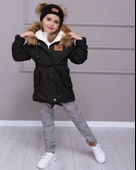 MODAVALS KIZ ÇOCUK TAK ÇIKAR İTHAL KÜRKLÜ KAPİŞONLU BEL AYARLAMALI LASTİKLİ MONT ÇİFT PONPONLU BERE EKOSE PANTOLON 3LU KOMBİN - 5