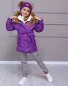 MODAVALS KIZ ÇOCUK TAK ÇIKAR İTHAL KÜRKLÜ KAPİŞONLU BEL AYARLAMALI LASTİKLİ MONT ÇİFT PONPONLU BERE EKOSE PANTOLON 3LU KOMBİN - 1