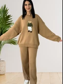 Kadın Uzun Kol Teddy Bear Bisiklet Yaka Triko Kazak Pantolon Takım (Bal) - 3
