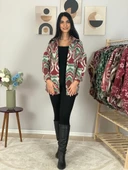 Kadın Tek Cepli Desenli Kalın Oduncu Ceket Gömlek (Yeşil-Bordo) thumbnail 3