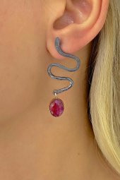 Doğal Yakut Taşlı Özel Tasarım 925 Gümüş Küpe - 1