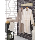 Cotton Box Aile Bornoz Seti Nakışlı Bukle Krem - 1