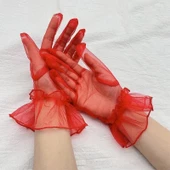 Kısa Boy Likralı Güpürlü Yetişkin Tül Eldiven Kırmızı Renk - 5