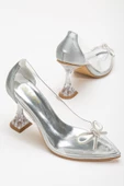 Gümüş Stiletto Taşlı Şeffaf Topuklu Ayakkabı - 2