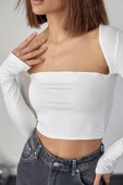 Kara Yaka Uzun Kollu Crop - Beyaz - 4
