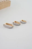 Kadın Vip Seri  Antialerjik Baget Zirkon Taşlı  Rodajlı 2 Renk 3'lü Küpe thumbnail 2