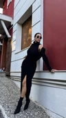 Bolerolu Boğazlı Uzun Elbise 2 Li Triko Takım - Siyah - 1