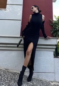 Bolerolu Boğazlı Uzun Elbise 2 Li Triko Takım - Siyah - 3