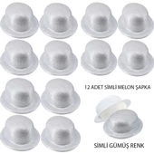 Gümüş Renk Simli Melon Yulak Parti Şapkası 12 Adet - 1