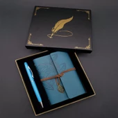 Metal Kalem ve Mavi Deri Defter - 1