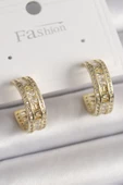 Pirinç Gold Renk Zirkon Taşlı İşleme Detay Halka Model Kadın Küpe - TJ-BKP9913 - 1