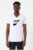 Suriye Yeni Bayrak Beyaz Erkek V yaka Tshirt - 1