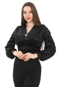 Broş Detaylı Kadife Crop 6007-Siyah - 2