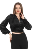 Broş Detaylı Kadife Crop 6007-Siyah - 3