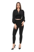 Broş Detaylı Kadife Crop 6007-Siyah - 1