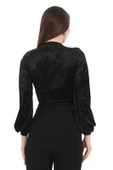 Broş Detaylı Kadife Crop 6007-Siyah - 4