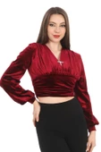 Broş Detaylı Kadife Crop 6007-Bordo - 3
