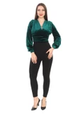 Broş Detaylı Kadife Crop 6007-Zümrüt Yeşili - 1