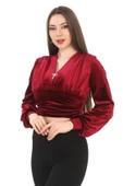 Broş Detaylı Kadife Crop 6007-Bordo - 2