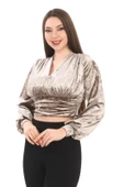 Broş Detaylı Kadife Crop 6007-Vizon - 2