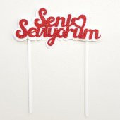 Çift Katlı Simli Eva Seni Seviyorum Pasta Süsü - Beyaz Üzeri Kırmızı - 1
