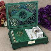 Hediyelik Şal, Kadife Kaplı Kuran-ı Kerim, Tesbih, Esanslı Ahşap Kutulu Set - 1