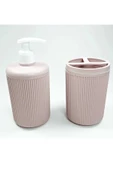 Plastik Sıvı Sabunluk ve Diş Fırçalık Set Renk Pudra - 1