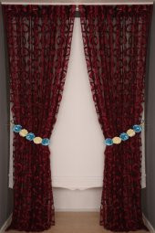 VAKKO  MODEL BORDO RENK İP PERDE HAZIR DÜĞMELERİ DİKİLMİŞ İP PERDE 300*270 cm - 8
