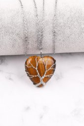 Kaplan Gözü Doğal Taş Tel Sarmalı Kalp Kolye thumbnail 1