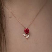 Kırmızı Gül Tasarımlı Gümüş Kolye Rose - 2