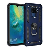 Zore Mate 30 Lite ile Uyumlu Yüzüklü Standlı Zırhlı Silikon Kılıf Lacivert - 1