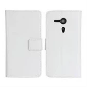 Xperia SP M35H ile Uyumlu Yan Kapaklı Cüzdanlı Kart Bölmeli Deri Kılıf Beyaz Renk - 1