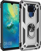 Mate 30 Lite ile Uyumlu Yüzüklü Standlı Zırhlı Silikon Kılıf Gümüş - 1